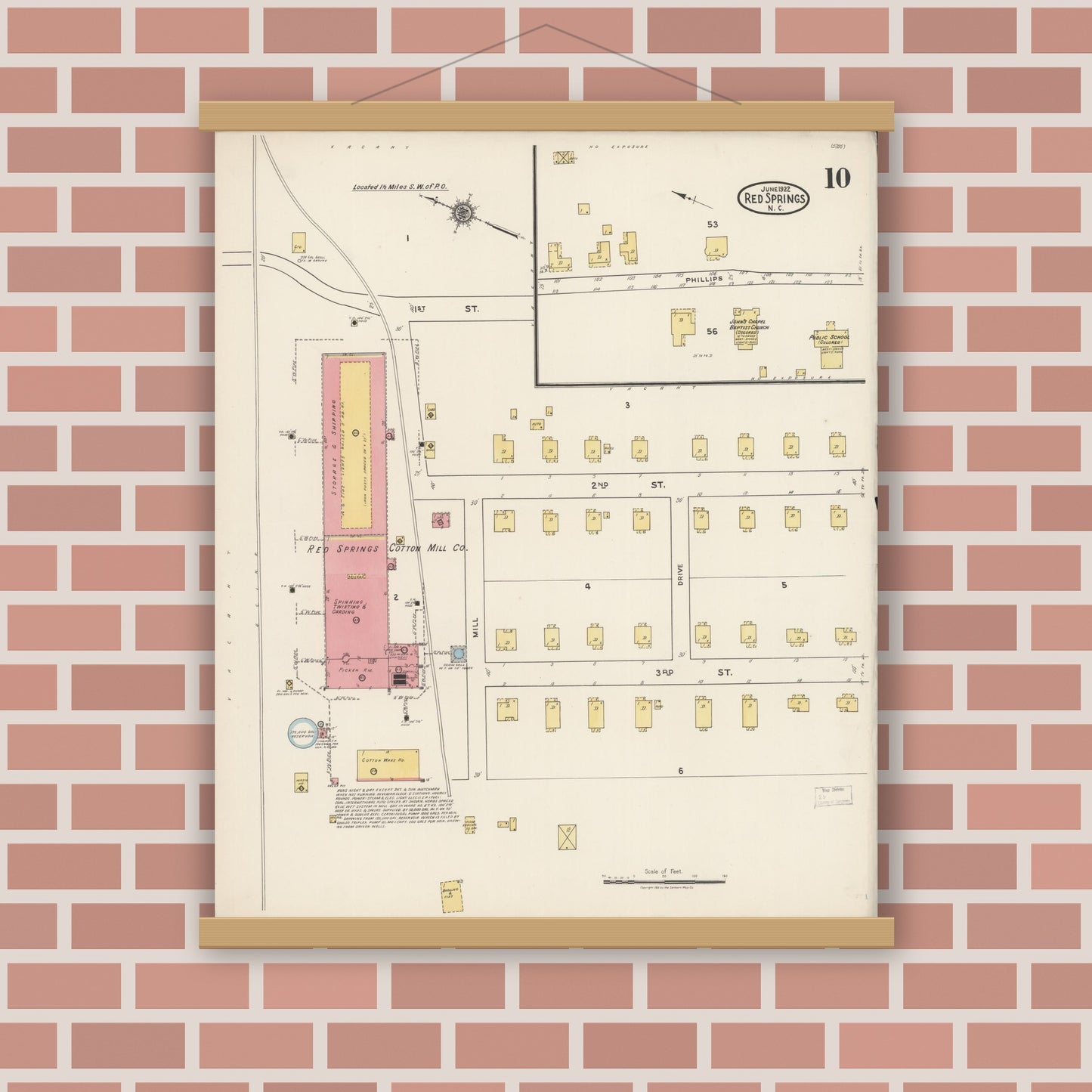 Old map wall art mockup — magnetic wood frame on brick wall — Sanborn Fire Insurance Map from Red Springs, Robeson County, North Carolina (1922), Sheet #0010