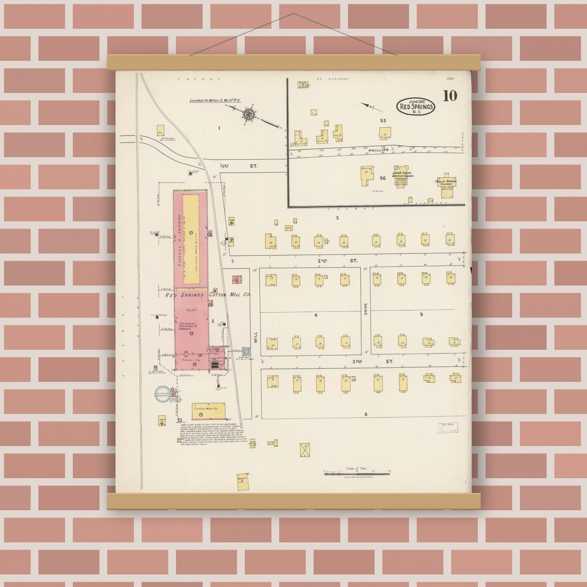 Old map wall art mockup — magnetic wood frame on brick wall — Sanborn Fire Insurance Map from Red Springs, Robeson County, North Carolina (1922), Sheet #0010