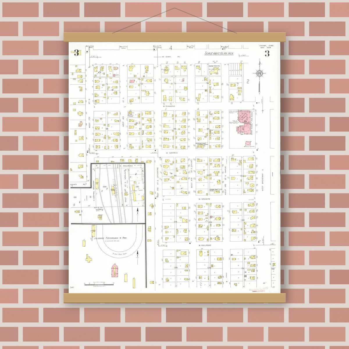 Old map wall art mockup — magnetic wood frame on brick wall — Sanborn Fire Insurance Map from Onawa, Monona County, Iowa (1934), Sheet #0003
