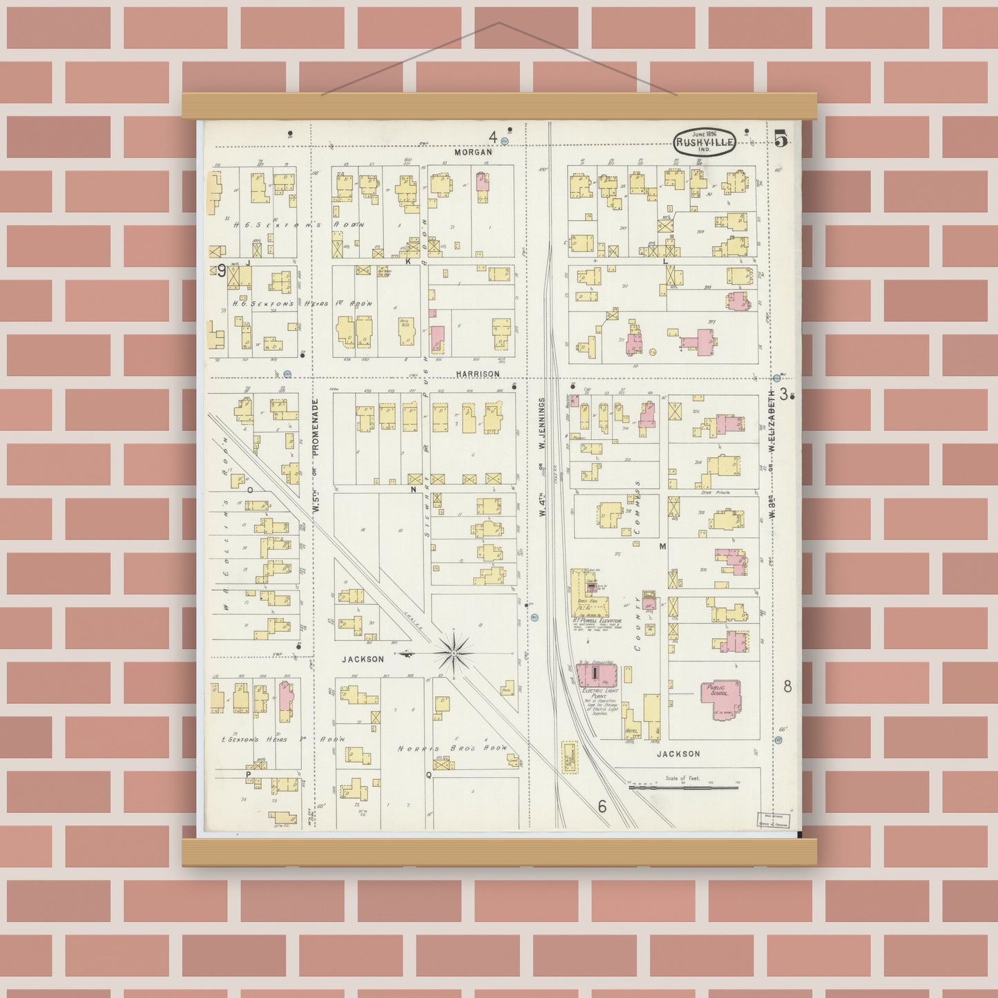 Old map wall art mockup — magnetic wood frame on brick wall — Sanborn Fire Insurance Map from Rushville, Rush County, Indiana (1896), Sheet #0005