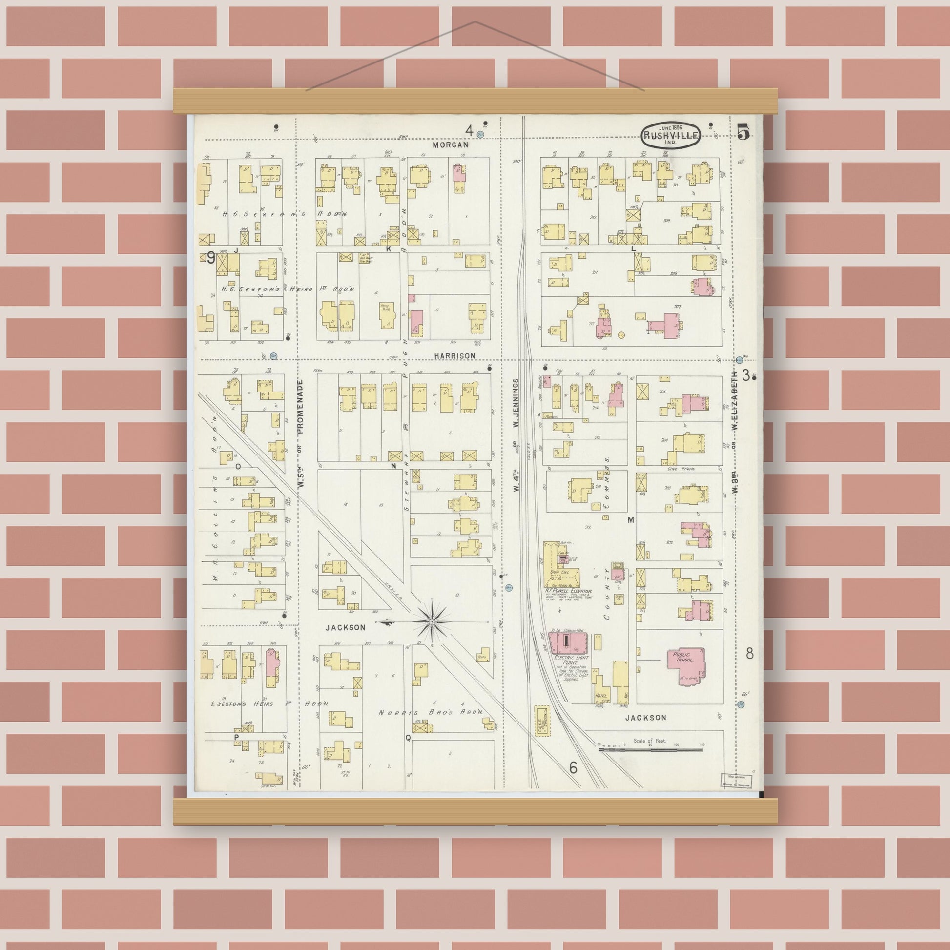 Old map wall art mockup — magnetic wood frame on brick wall — Sanborn Fire Insurance Map from Rushville, Rush County, Indiana (1896), Sheet #0005