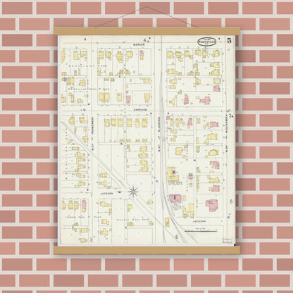 Old map wall art mockup — magnetic wood frame on brick wall — Sanborn Fire Insurance Map from Rushville, Rush County, Indiana (1896), Sheet #0005