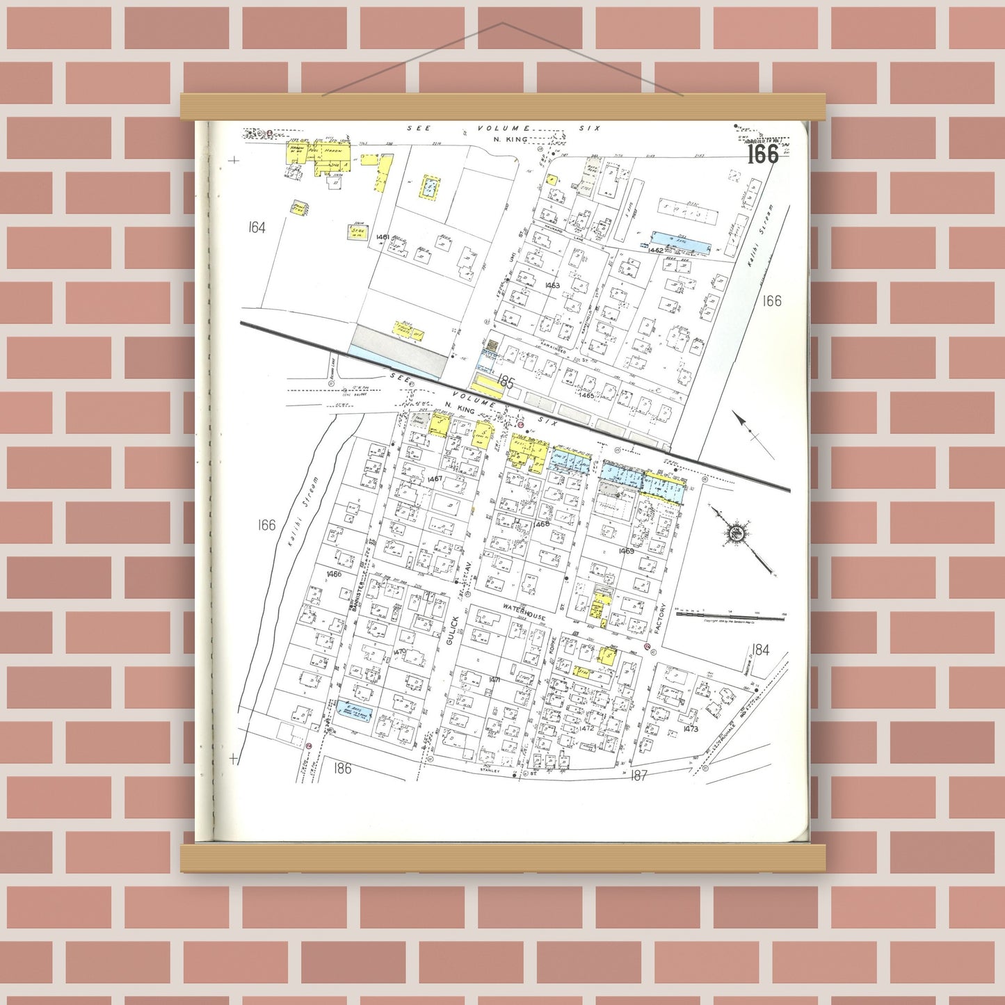Old map wall art mockup — magnetic wood frame on brick wall — Sanborn Fire Insurance Map from Honolulu, Oahu County, Hawaii (1955), Sheet #0166
