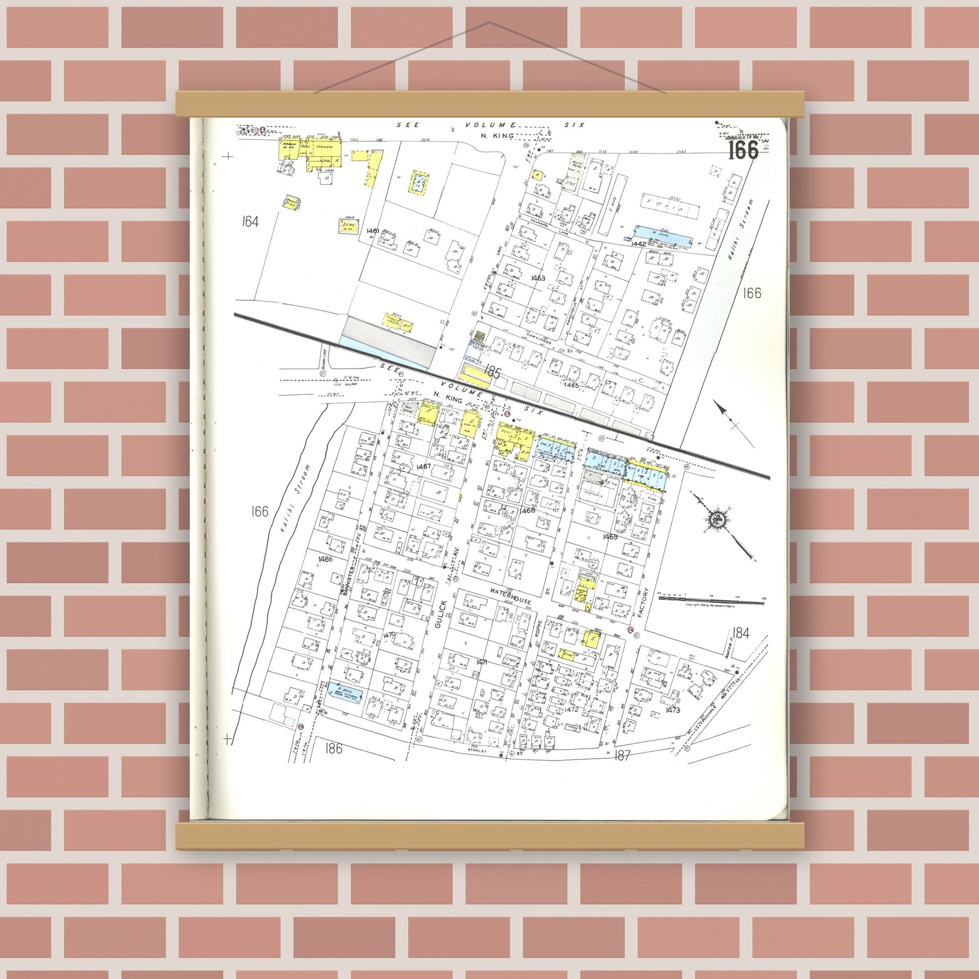 Old map wall art mockup — magnetic wood frame on brick wall — Sanborn Fire Insurance Map from Honolulu, Oahu County, Hawaii (1955), Sheet #0166