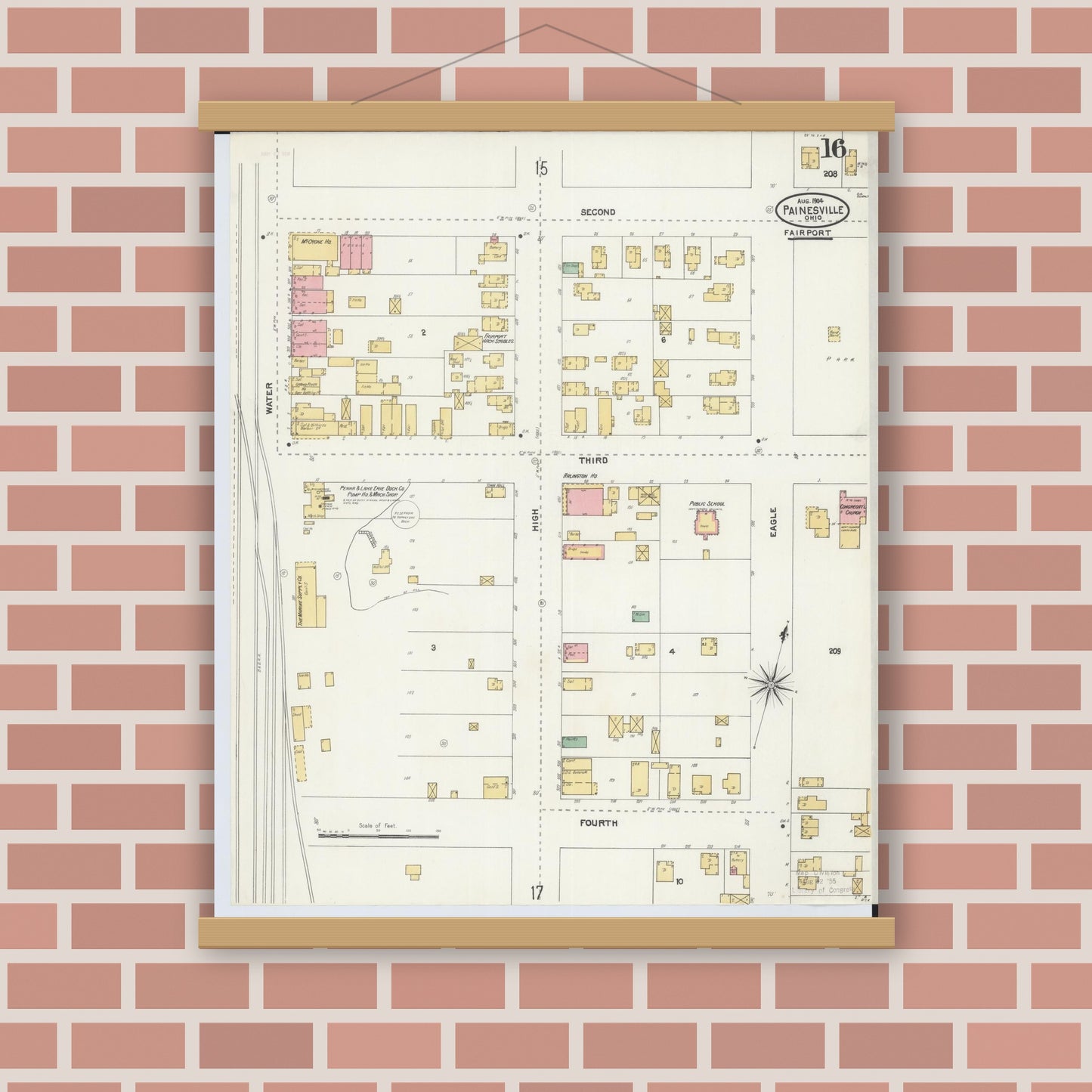 Old map wall art mockup — magnetic wood frame on brick wall — Sanborn Fire Insurance Map from Painesville, Lake County, Ohio (1904), Sheet #0016