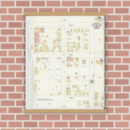 Old map wall art mockup — magnetic wood frame on brick wall — Sanborn Fire Insurance Map from Painesville, Lake County, Ohio (1904), Sheet #0016