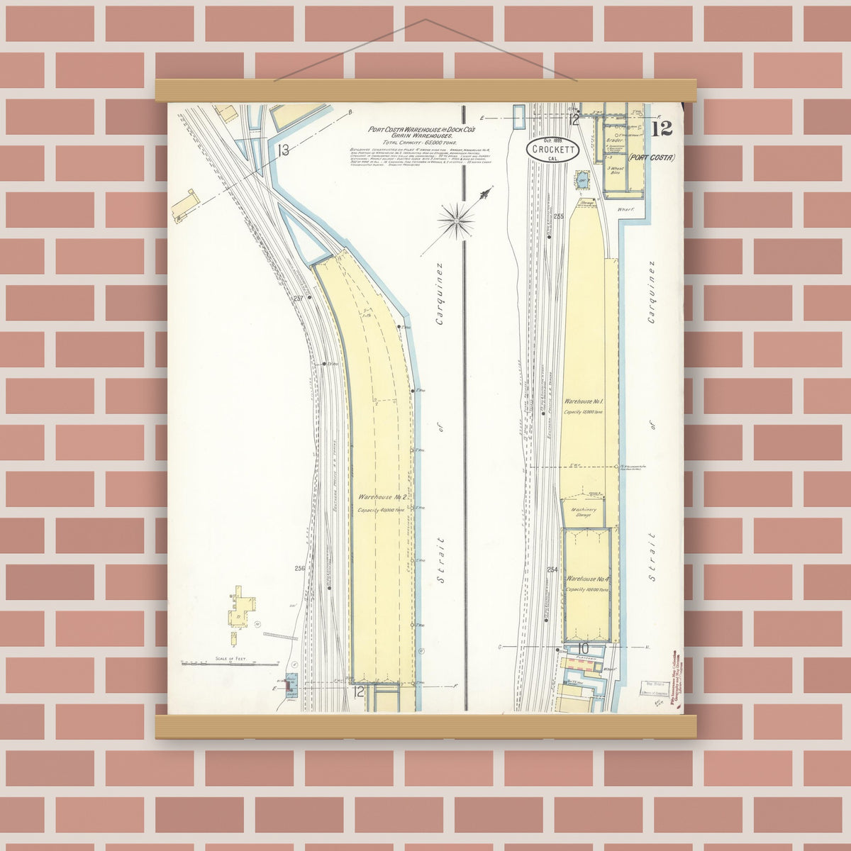 Old map wall art mockup — magnetic wood frame on brick wall — Sanborn Fire Insurance Map from Crockett, Contra Costa County, California (1899), Sheet #0012