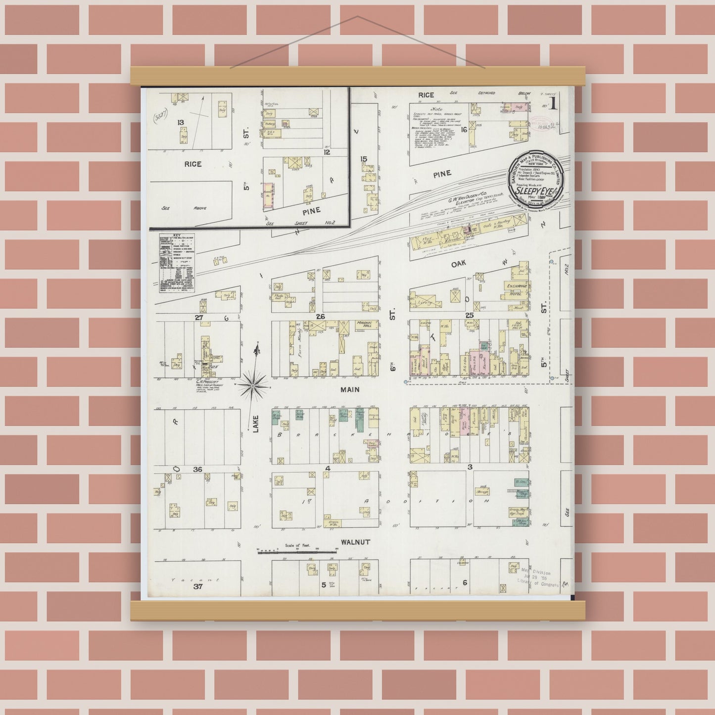 Old map wall art mockup — magnetic wood frame on brick wall — Sanborn Fire Insurance Map from Sleepy Eye, Brown County, Minnesota (1889) - Complete Map Set