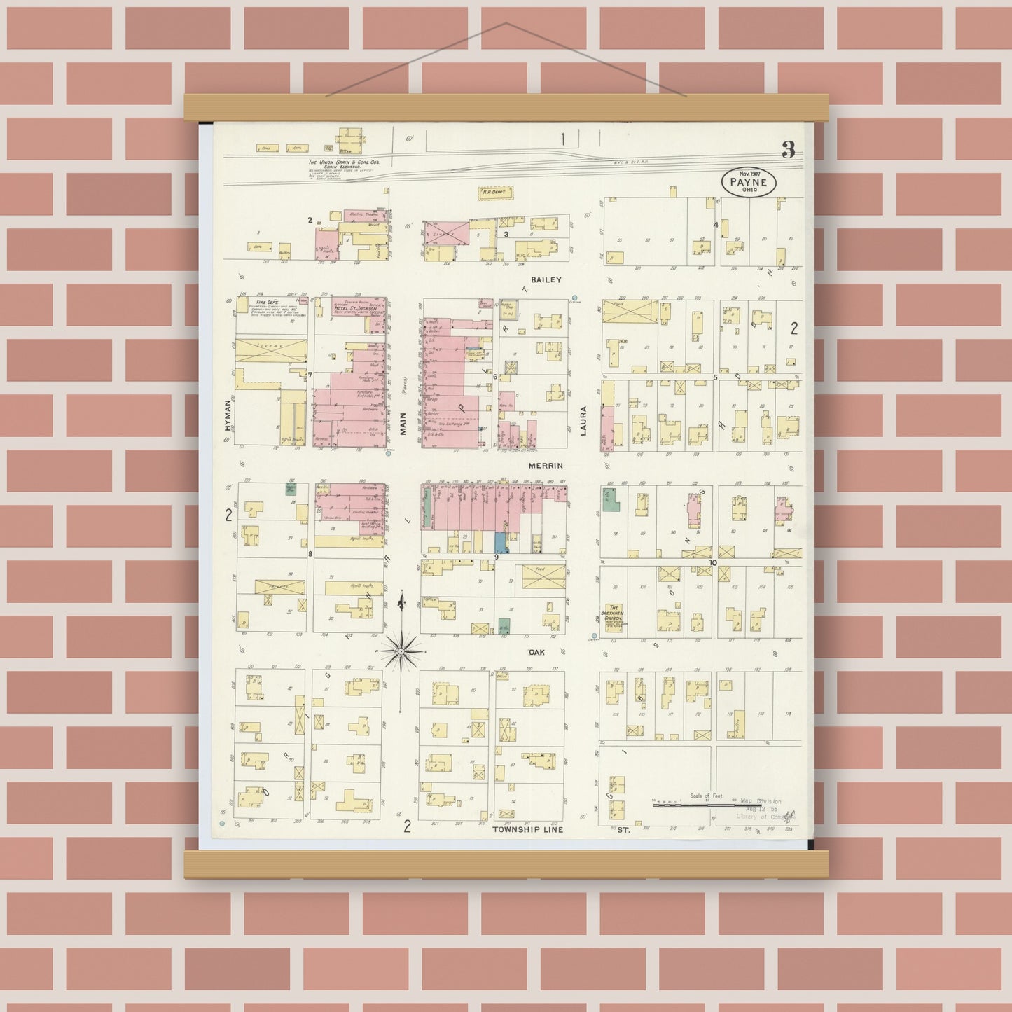 Old map wall art mockup — magnetic wood frame on brick wall — Sanborn Fire Insurance Map from Payne, Paulding County, Ohio (1907), Sheet #0003