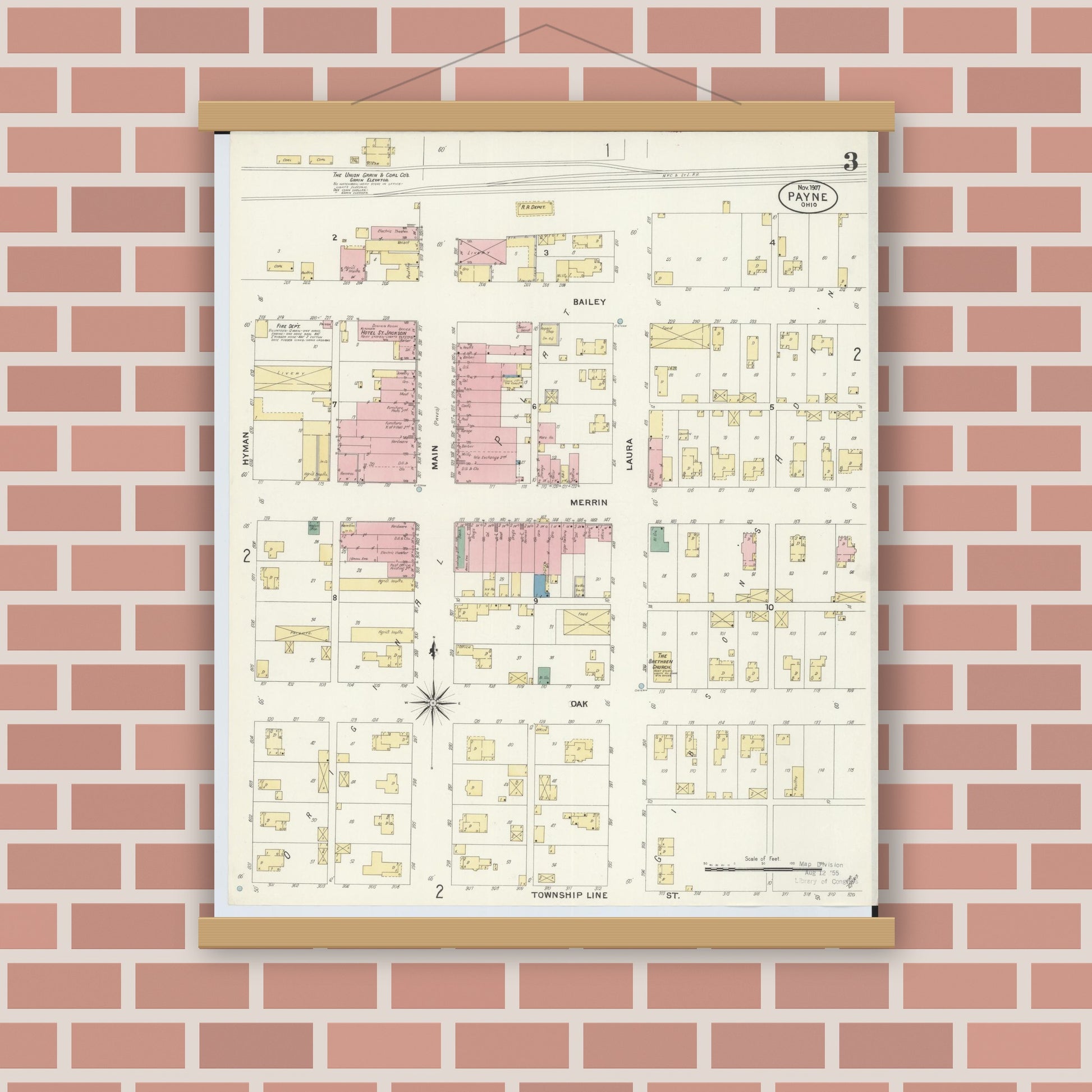 Old map wall art mockup — magnetic wood frame on brick wall — Sanborn Fire Insurance Map from Payne, Paulding County, Ohio (1907), Sheet #0003