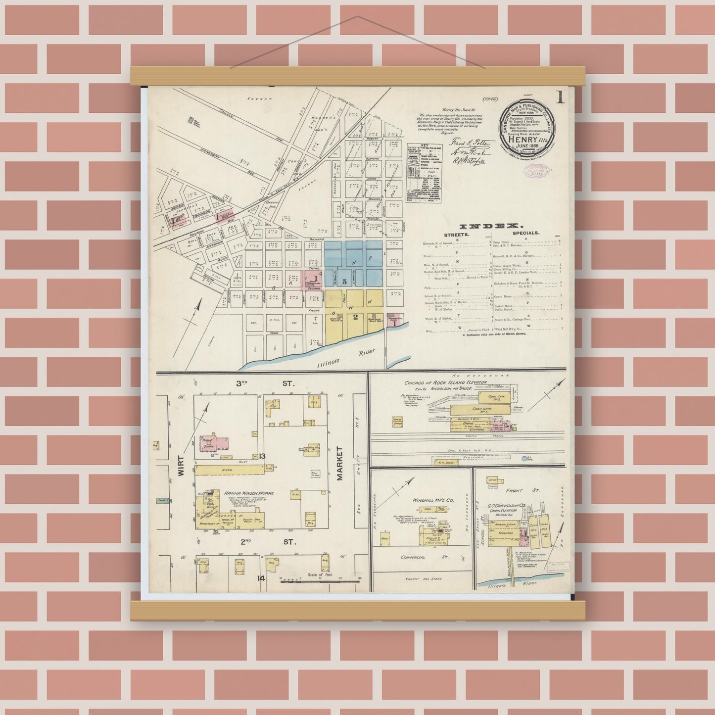 Old map wall art mockup — magnetic wood frame on brick wall — Sanborn Fire Insurance Map from Henry, Marshall County, Illinois (1888), Sheet #0001