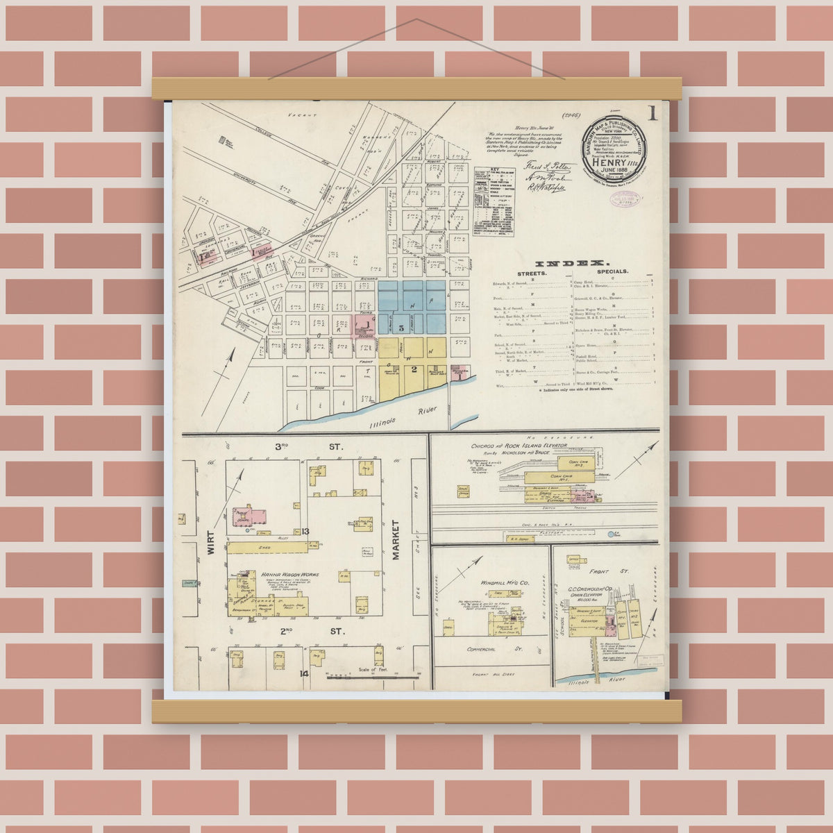 Old map wall art mockup — magnetic wood frame on brick wall — Sanborn Fire Insurance Map from Henry, Marshall County, Illinois (1888), Sheet #0001