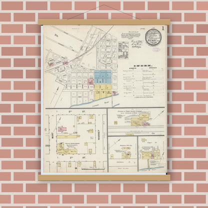 Old map wall art mockup — magnetic wood frame on brick wall — Sanborn Fire Insurance Map from Henry, Marshall County, Illinois (1888), Sheet #0001