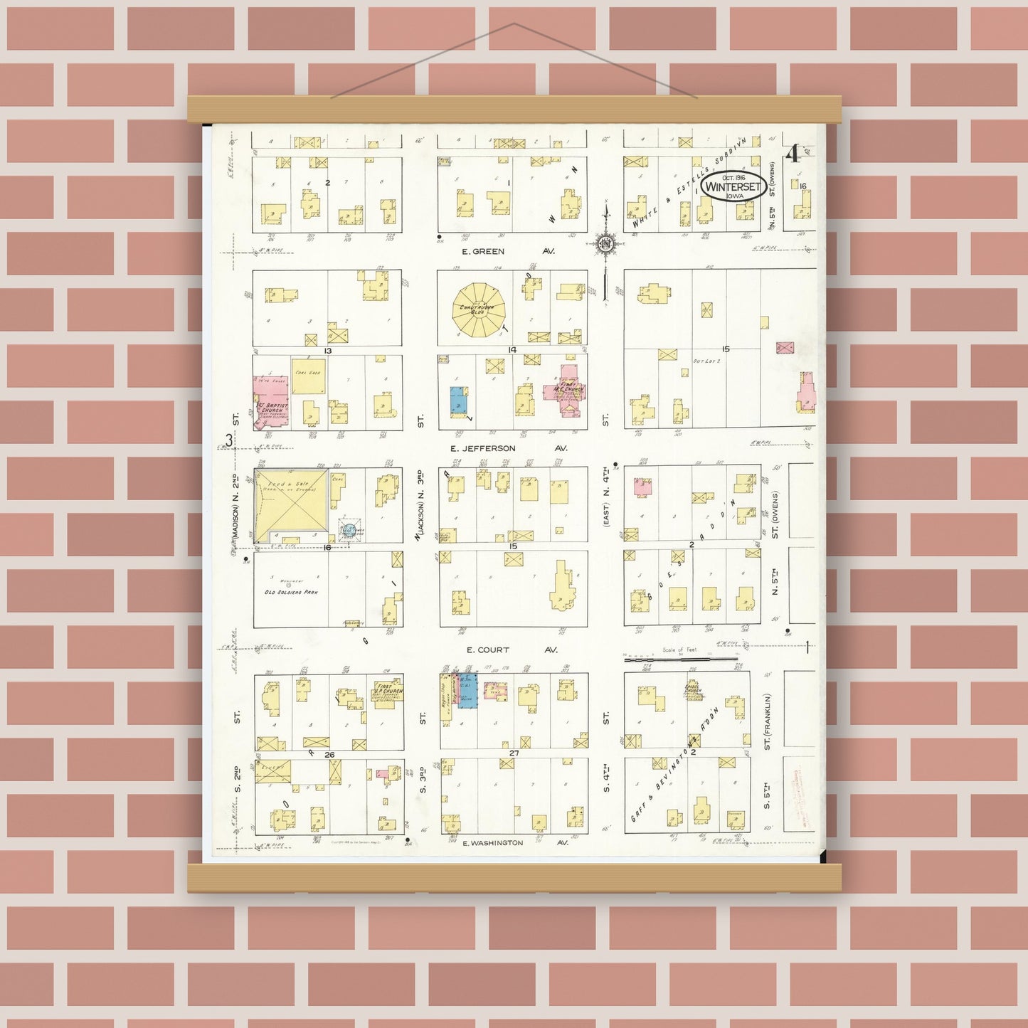 Old map wall art mockup — magnetic wood frame on brick wall — Sanborn Fire Insurance Map from Winterset, Madison County, Iowa (1916), Sheet #0004