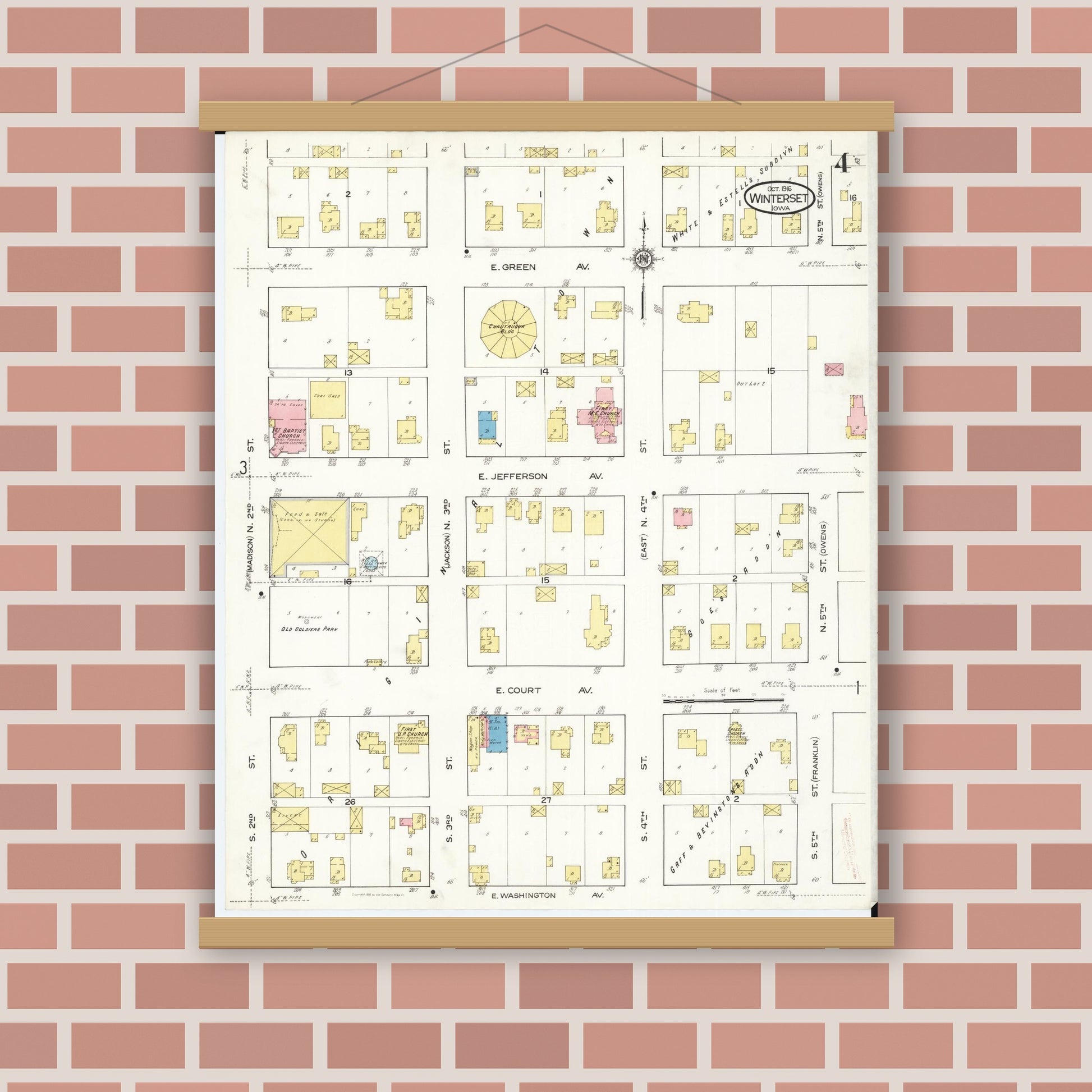 Old map wall art mockup — magnetic wood frame on brick wall — Sanborn Fire Insurance Map from Winterset, Madison County, Iowa (1916), Sheet #0004