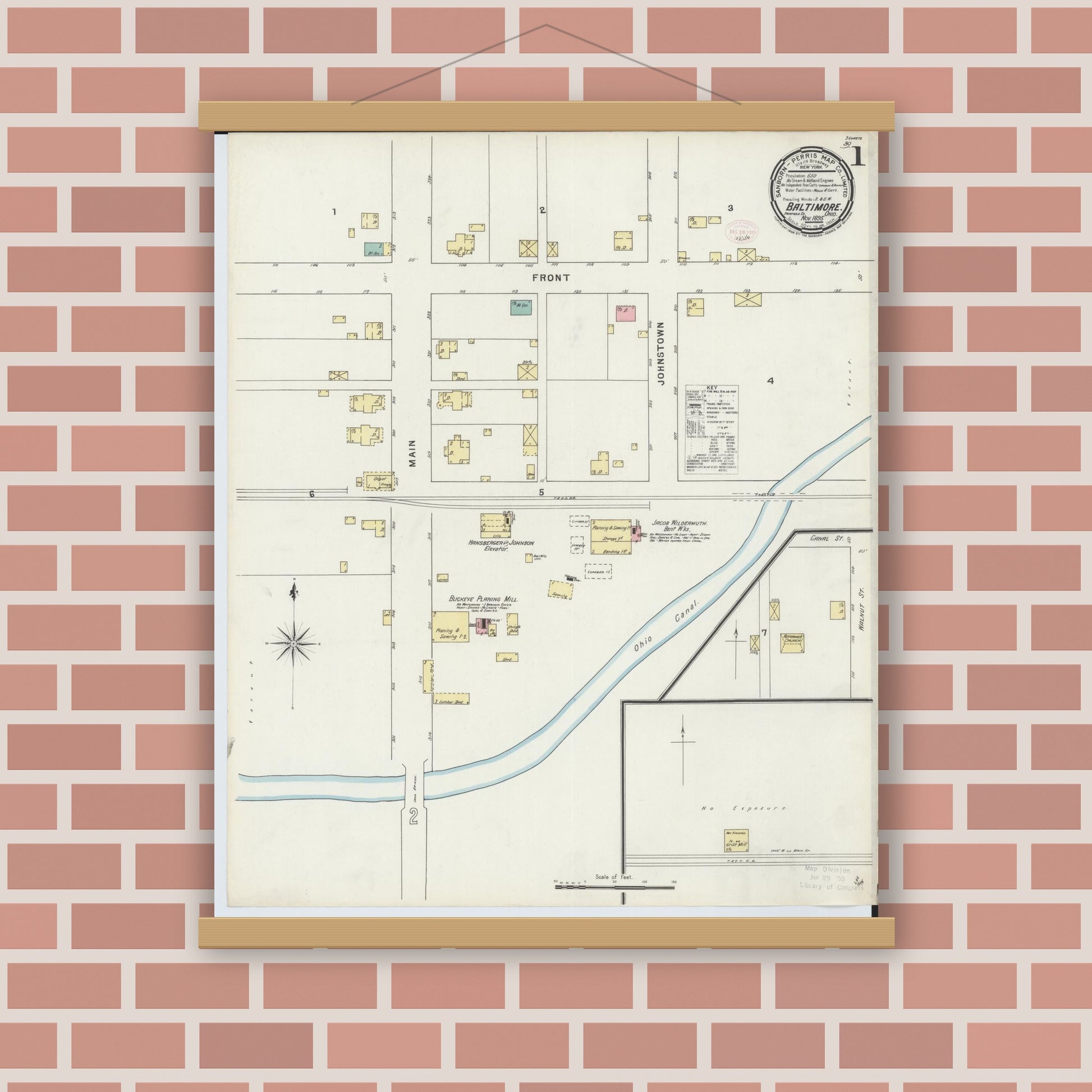 Old map wall art mockup — magnetic wood frame on brick wall — Sanborn Fire Insurance Map from Baltimore, Fairfield County, Ohio (1895) - Complete Map Set