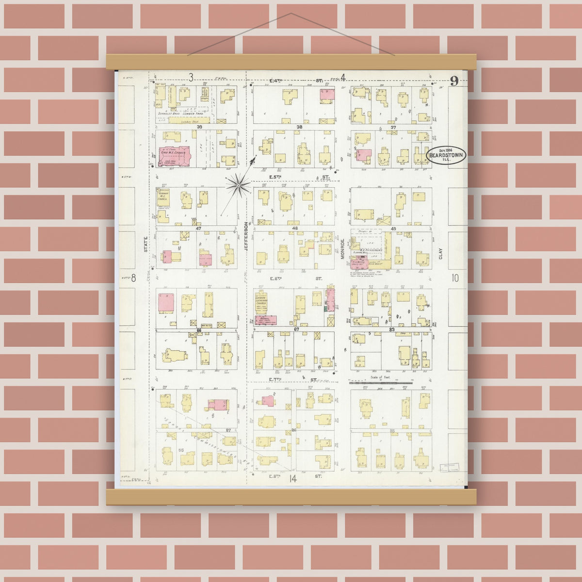Old map wall art mockup — magnetic wood frame on brick wall — Sanborn Fire Insurance Map from Beardstown, Cass County, Illinois (1906), Sheet #0009