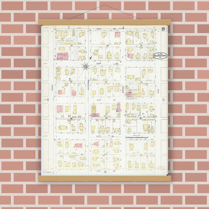 Old map wall art mockup — magnetic wood frame on brick wall — Sanborn Fire Insurance Map from Beardstown, Cass County, Illinois (1906), Sheet #0009