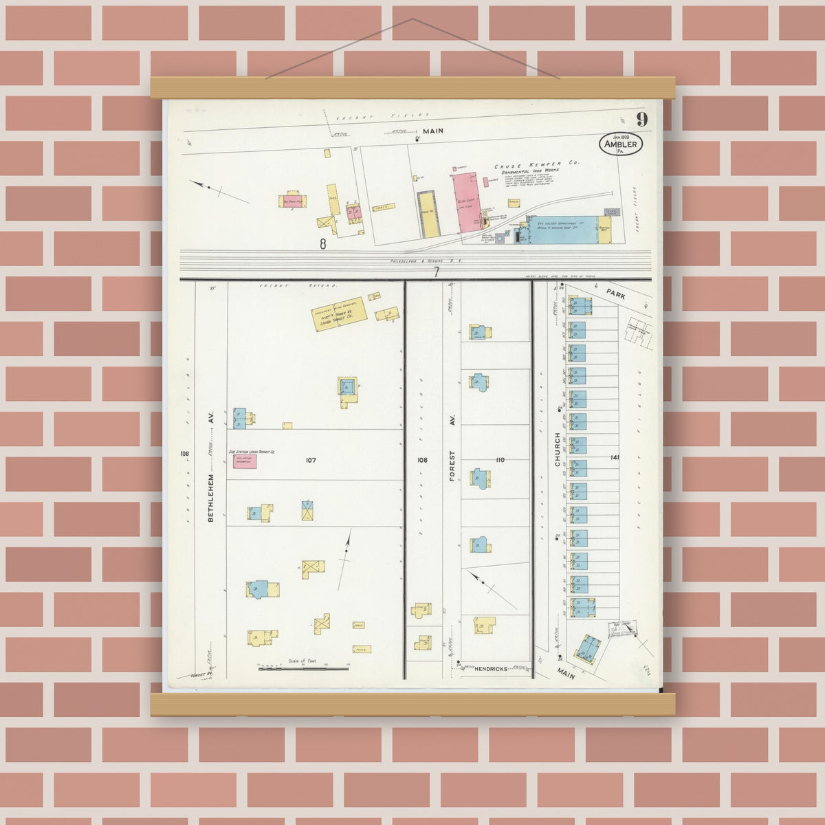 Old map wall art mockup — magnetic wood frame on brick wall — Sanborn Fire Insurance Map from Ambler, Montgomery County, Pennsylvania (1909), Sheet #0009