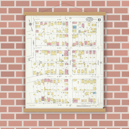 Old map wall art mockup — magnetic wood frame on brick wall — Sanborn Fire Insurance Map from Alton, Madison County, Illinois (1915), Sheet #0013