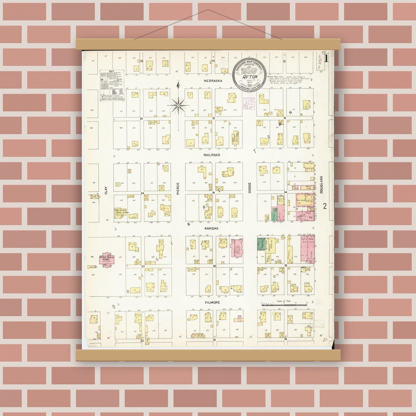 Old map wall art mockup — magnetic wood frame on brick wall — Sanborn Fire Insurance Map from Afton, Union County, Iowa (1907) â€” Complete Set