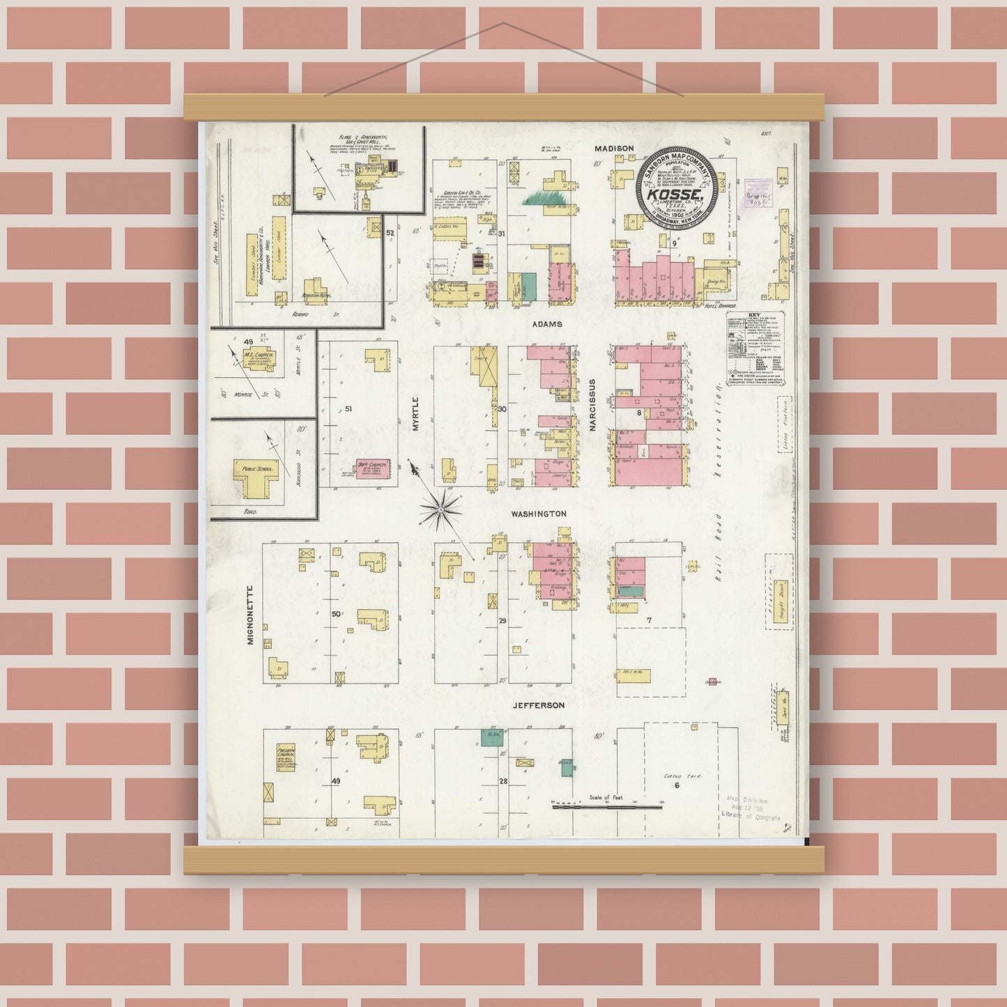 Old map wall art mockup — magnetic wood frame on brick wall — Sanborn Fire Insurance Map from Kosse, Limestone County, Texas (1905), Sheet #0001