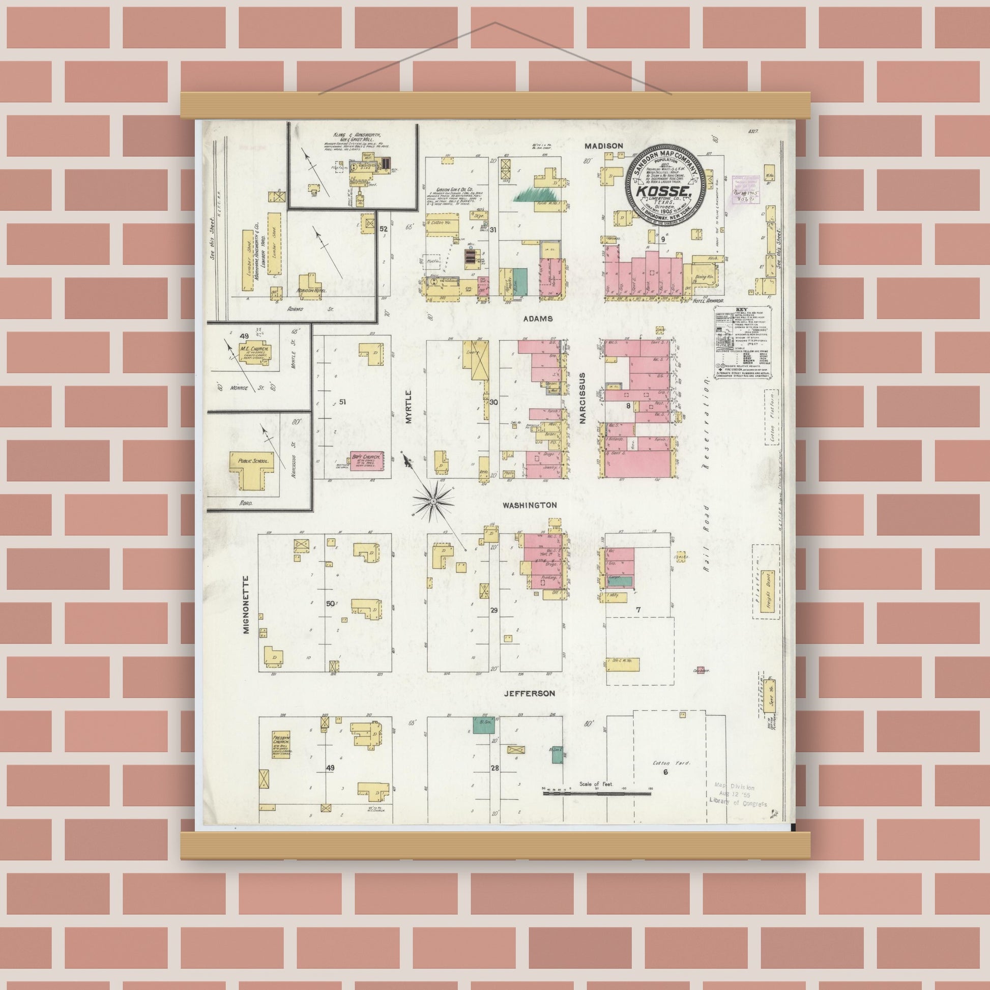Old map wall art mockup — magnetic wood frame on brick wall — Sanborn Fire Insurance Map from Kosse, Limestone County, Texas (1905), Sheet #0001