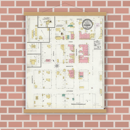 Old map wall art mockup — magnetic wood frame on brick wall — Sanborn Fire Insurance Map from Kosse, Limestone County, Texas (1905), Sheet #0001