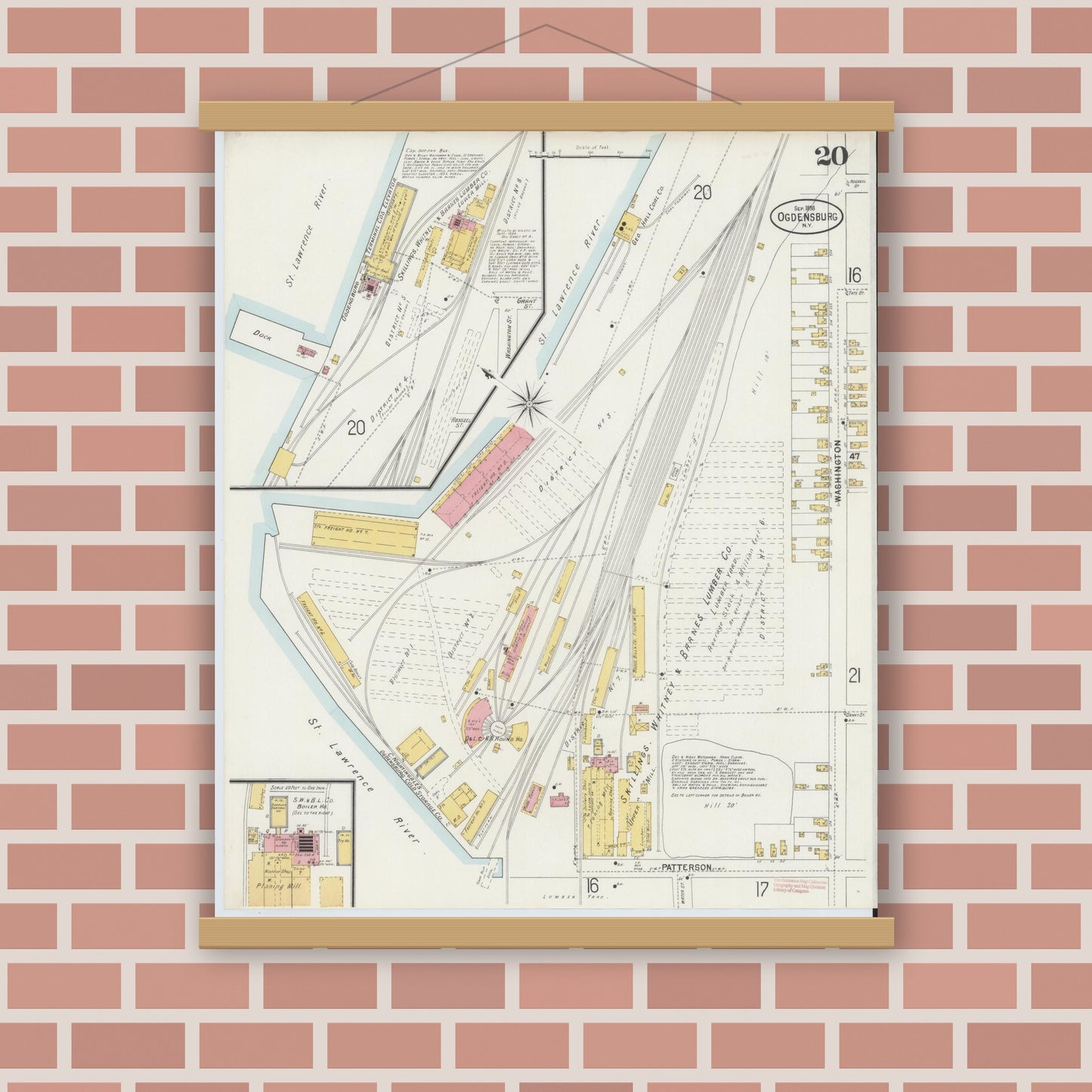 Old map wall art mockup — magnetic wood frame on brick wall — Sanborn Fire Insurance Map from Ogdensburg, St. Lawrence County, New York (1898), Sheet #0020