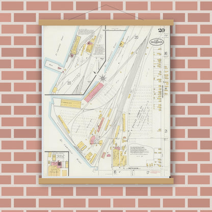 Old map wall art mockup — magnetic wood frame on brick wall — Sanborn Fire Insurance Map from Ogdensburg, St. Lawrence County, New York (1898), Sheet #0020