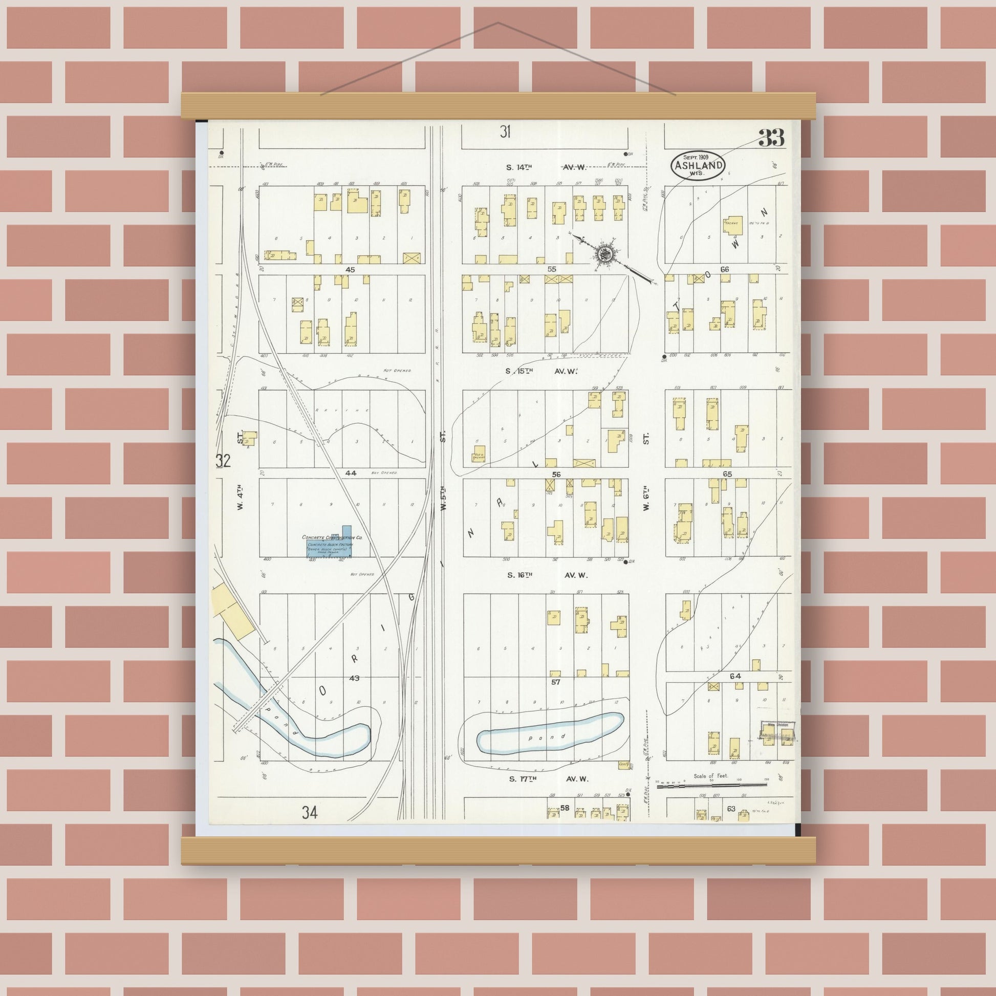 Old map wall art mockup — magnetic wood frame on brick wall — Sanborn Fire Insurance Map from Ashland, Ashland County, Wisconsin (1909), Sheet #0033