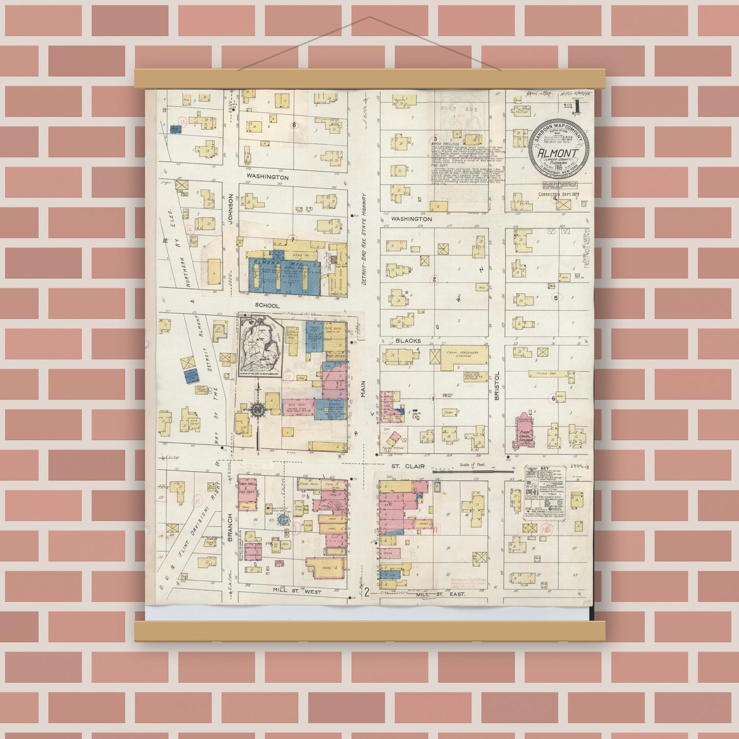 Old map wall art mockup — magnetic wood frame on brick wall — Sanborn Fire Insurance Map from Almont, Lapeer County, Michigan (1929) - Complete Map Set