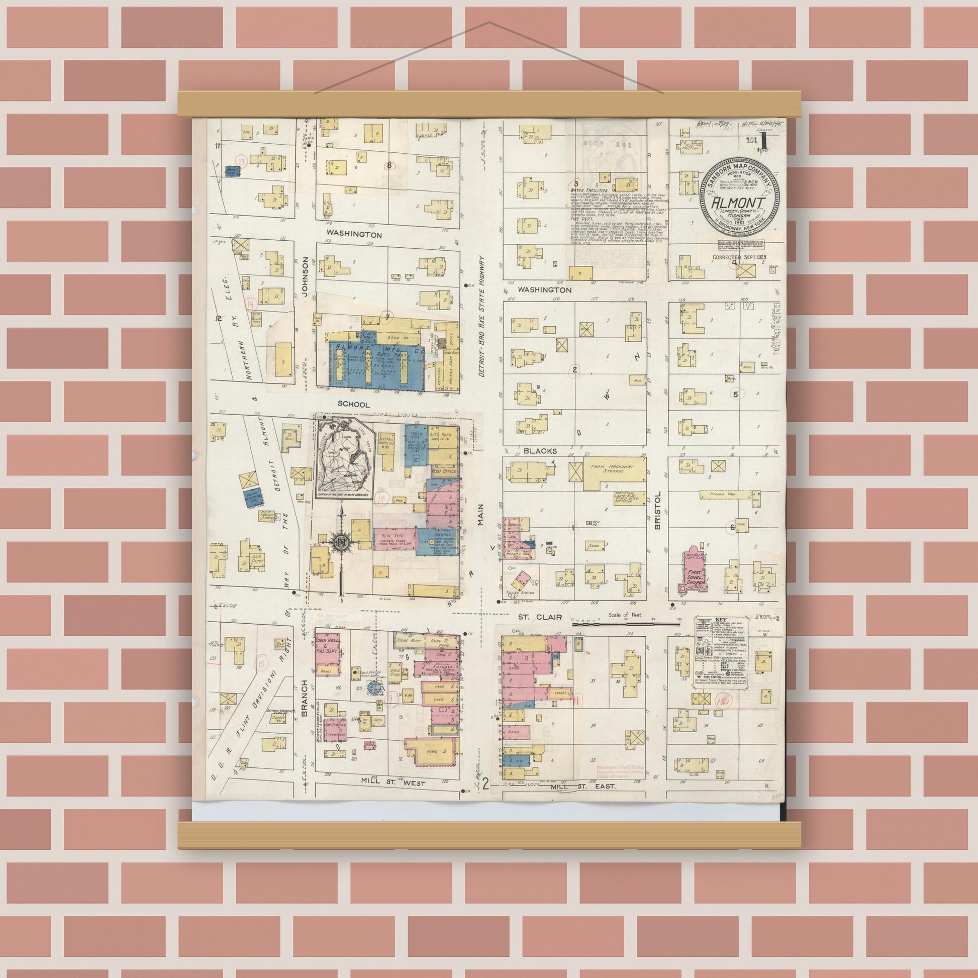 Old map wall art mockup — magnetic wood frame on brick wall — Sanborn Fire Insurance Map from Almont, Lapeer County, Michigan (1929) - Complete Map Set