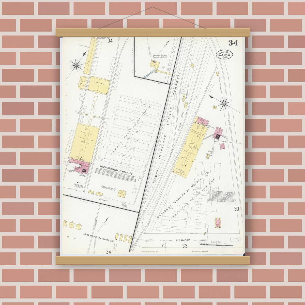 Old map wall art mockup — magnetic wood frame on brick wall — Sanborn Fire Insurance Map from Cairo, Alexander County, Illinois (1907), Sheet #0034