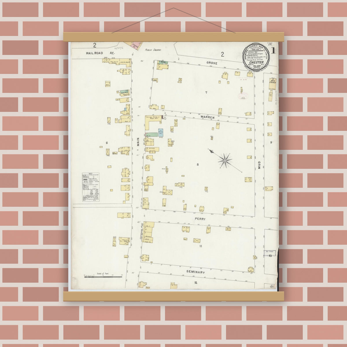 Old map wall art mockup — magnetic wood frame on brick wall — Sanborn Fire Insurance Map from Chester, Morris County, New Jersey (1896), Sheet #0001