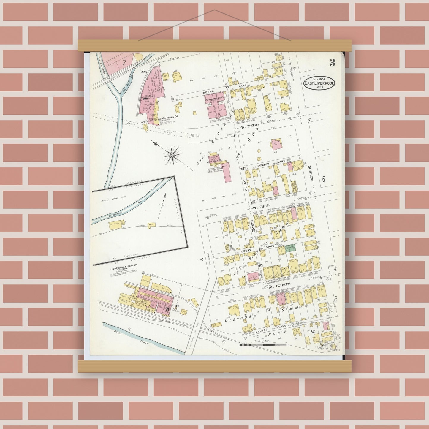 Old map wall art mockup — magnetic wood frame on brick wall — Sanborn Fire Insurance Map from East Liverpool, Columbiana County, Ohio (1908), Sheet #0003