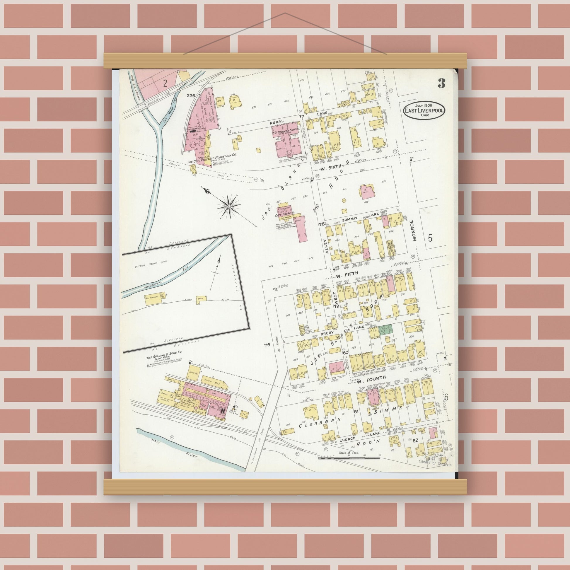 Old map wall art mockup — magnetic wood frame on brick wall — Sanborn Fire Insurance Map from East Liverpool, Columbiana County, Ohio (1908), Sheet #0003