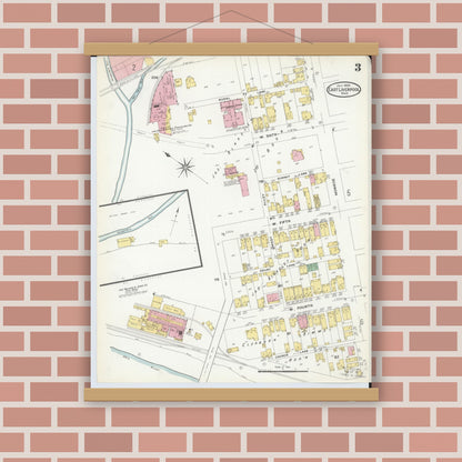 Old map wall art mockup — magnetic wood frame on brick wall — Sanborn Fire Insurance Map from East Liverpool, Columbiana County, Ohio (1908), Sheet #0003