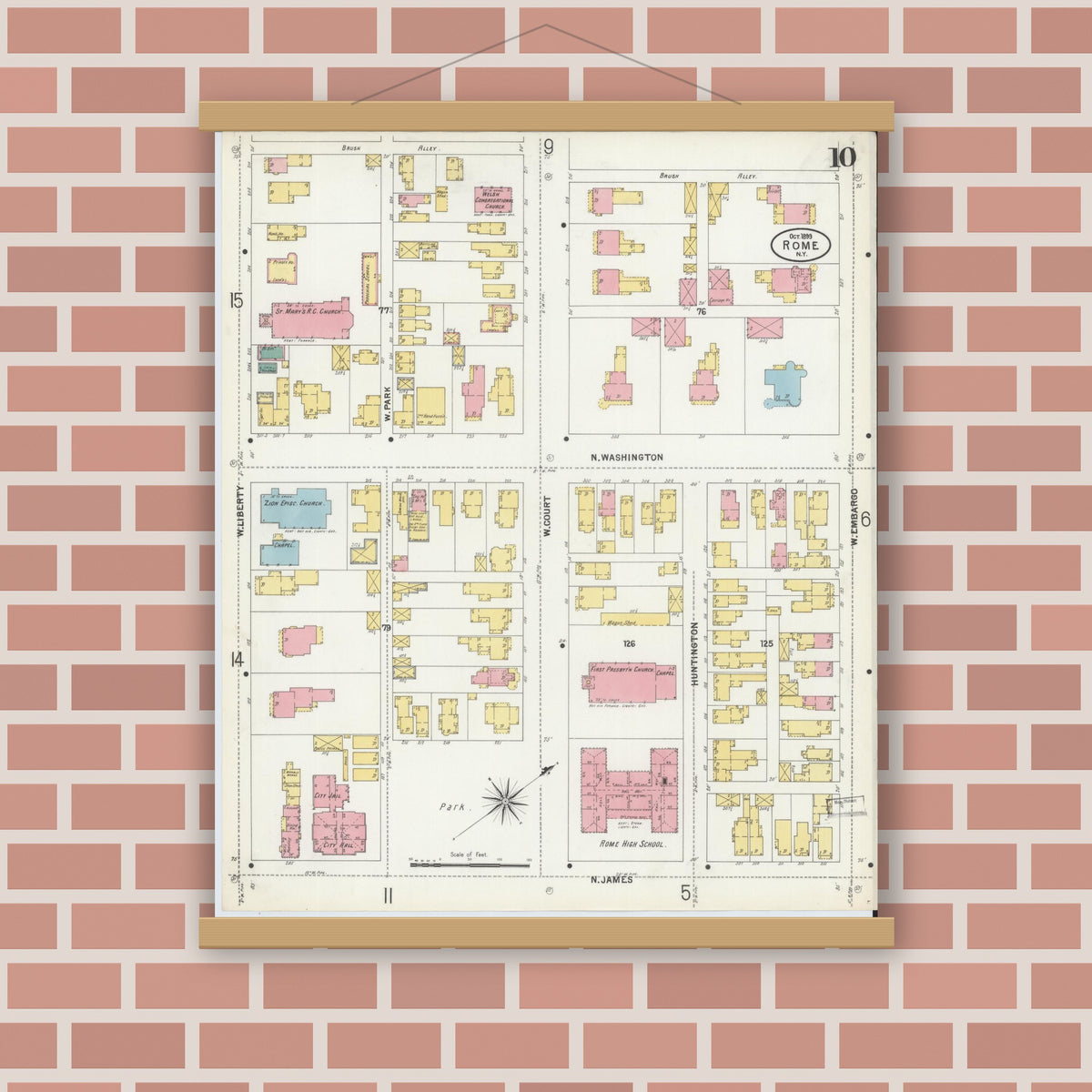 Old map wall art mockup — magnetic wood frame on brick wall — Sanborn Fire Insurance Map from Rome, Oneida County, New York (1899), Sheet #0010