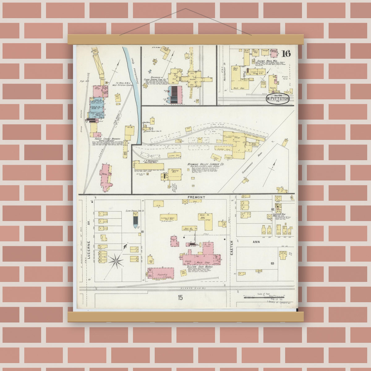 Old map wall art mockup — magnetic wood frame on brick wall — Sanborn Fire Insurance Map from Pittston, Luzerne County, Pennsylvania (1896), Sheet #0016