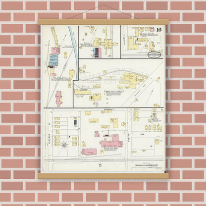 Old map wall art mockup — magnetic wood frame on brick wall — Sanborn Fire Insurance Map from Pittston, Luzerne County, Pennsylvania (1896), Sheet #0016