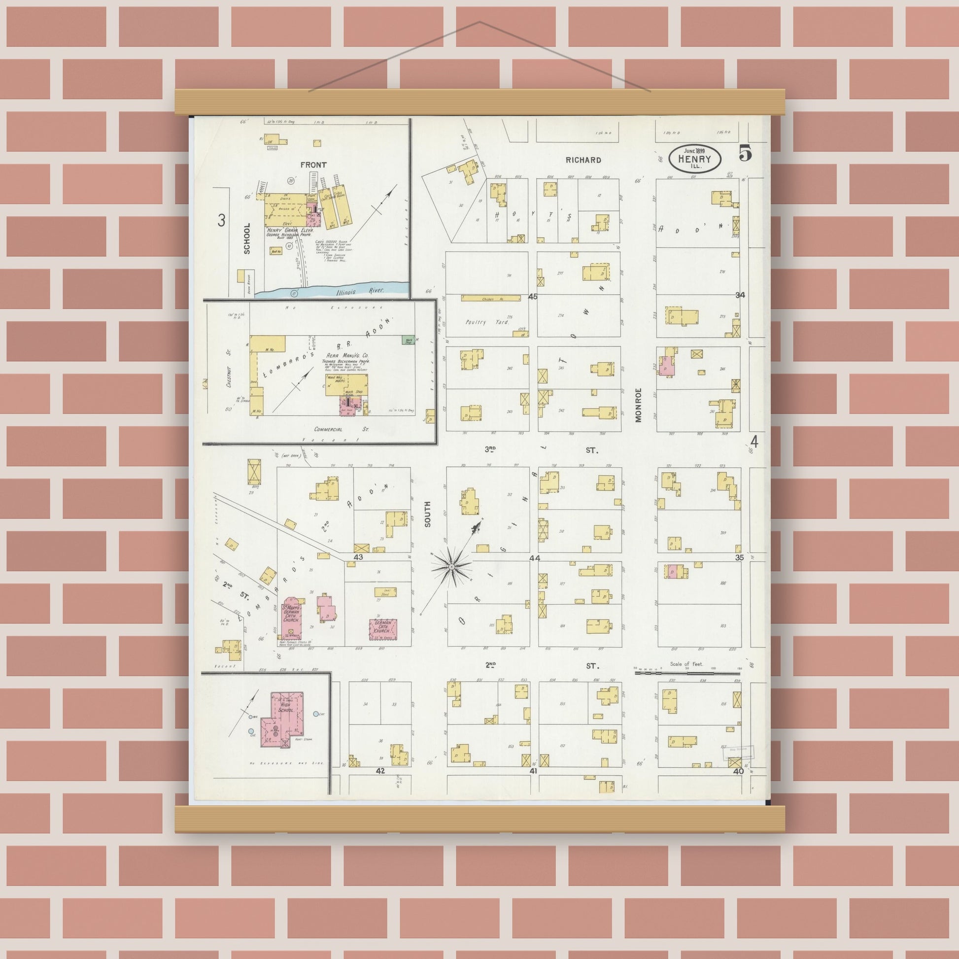 Old map wall art mockup — magnetic wood frame on brick wall — Sanborn Fire Insurance Map from Henry, Marshall County, Illinois (1899), Sheet #0005