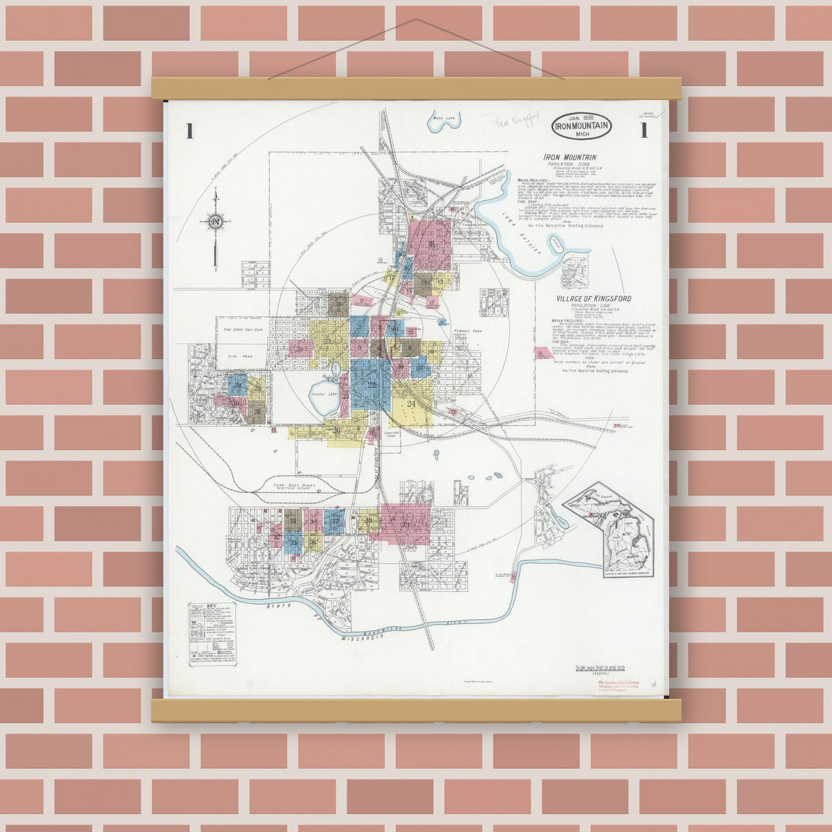 Old map wall art mockup — magnetic wood frame on brick wall — Sanborn Fire Insurance Map from Iron Mountain, Dickinson County, Michigan (1930), Sheet #0001