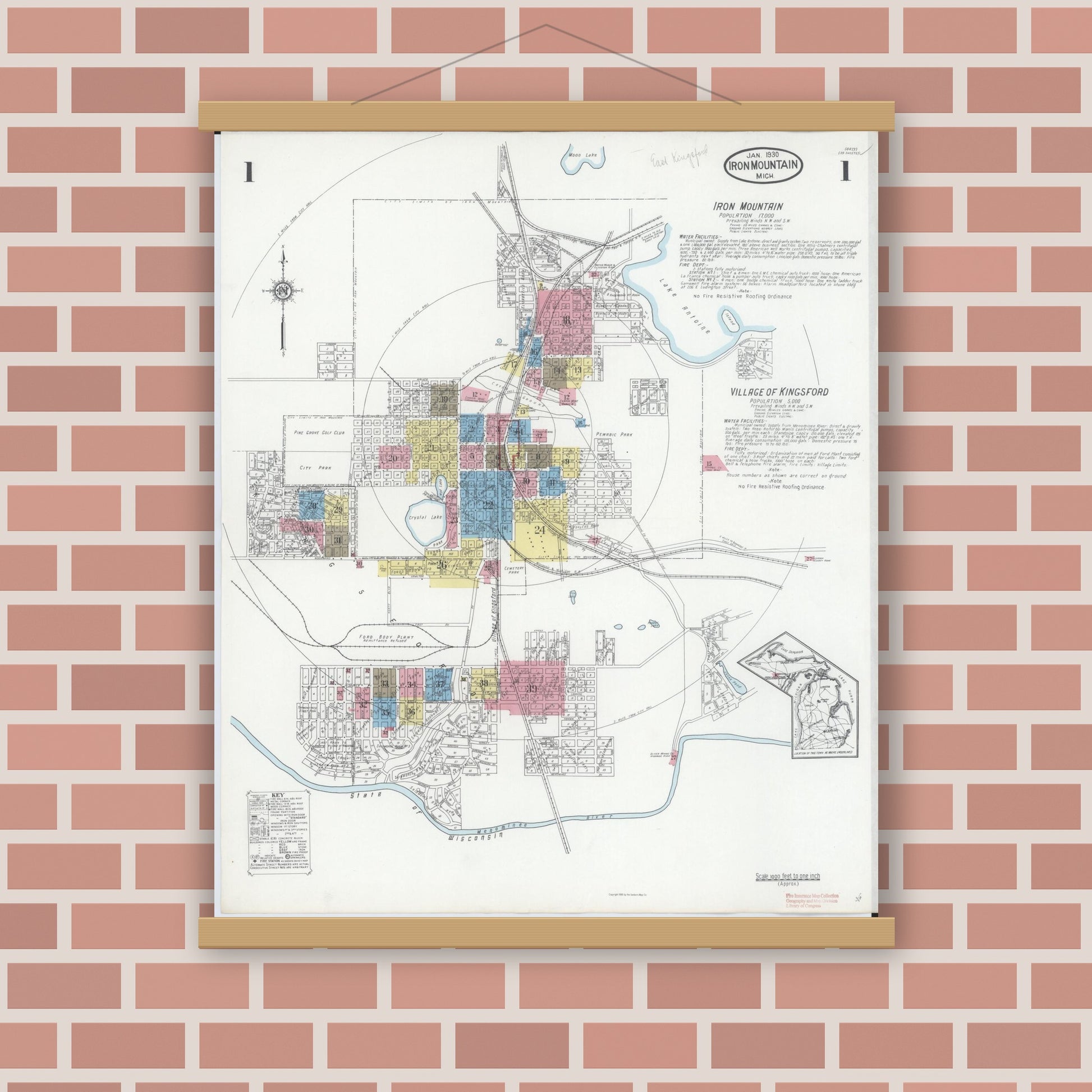 Old map wall art mockup — magnetic wood frame on brick wall — Sanborn Fire Insurance Map from Iron Mountain, Dickinson County, Michigan (1930), Sheet #0001