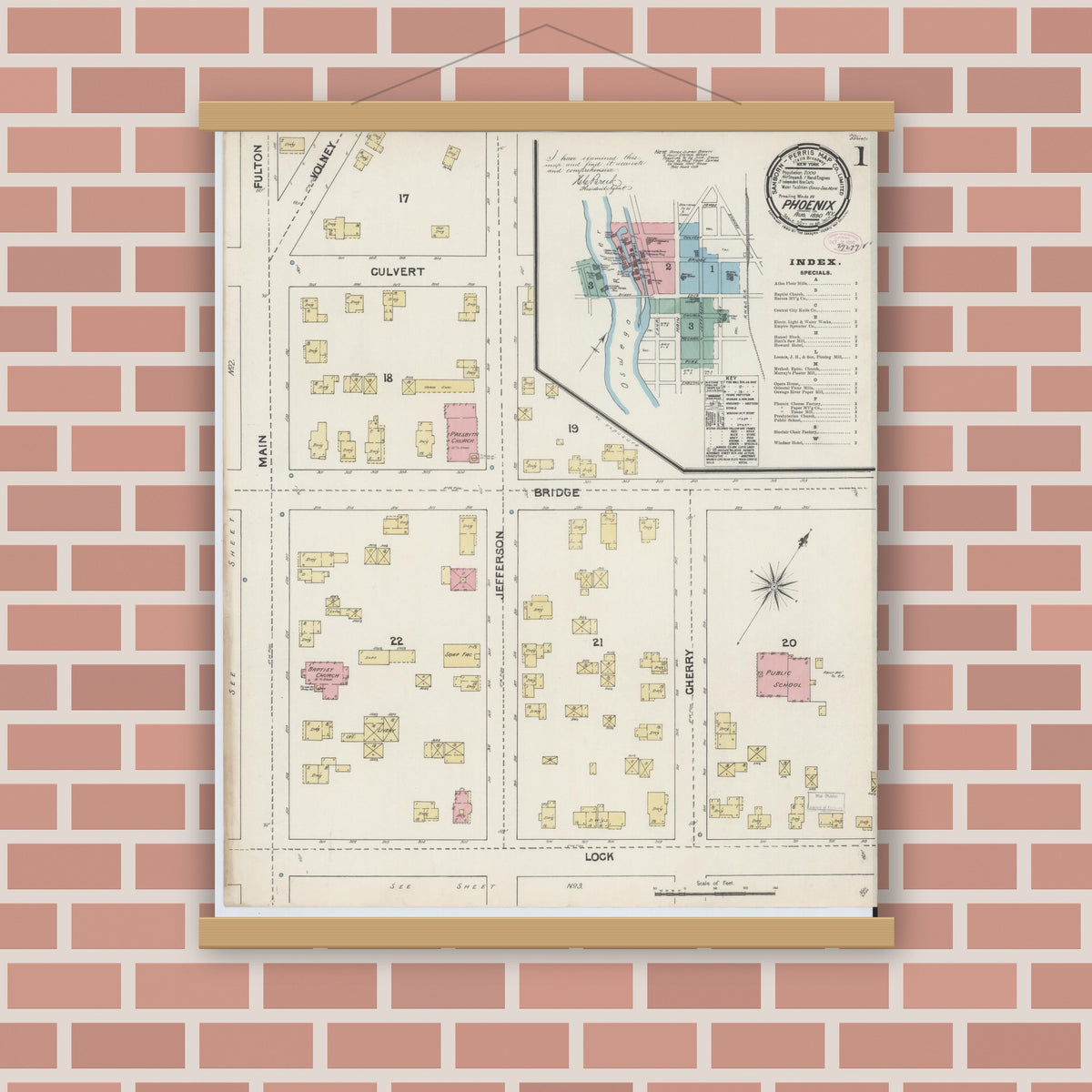 Old map wall art mockup — magnetic wood frame on brick wall — Sanborn Fire Insurance Map from Phoenix, Oswego County, New York (1890), Sheet #0001