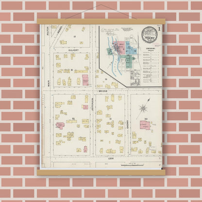 Old map wall art mockup — magnetic wood frame on brick wall — Sanborn Fire Insurance Map from Phoenix, Oswego County, New York (1890), Sheet #0001