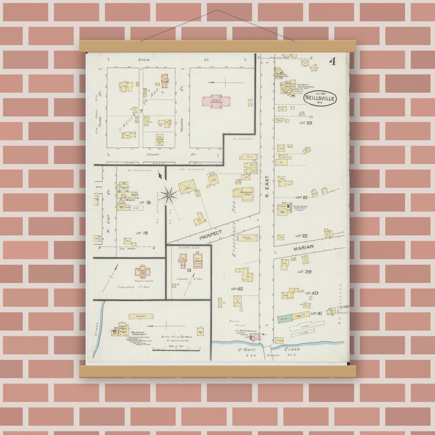 Old map wall art mockup — magnetic wood frame on brick wall — Sanborn Fire Insurance Map from Neillsville, Clark County, Wisconsin (1887), Sheet #0004