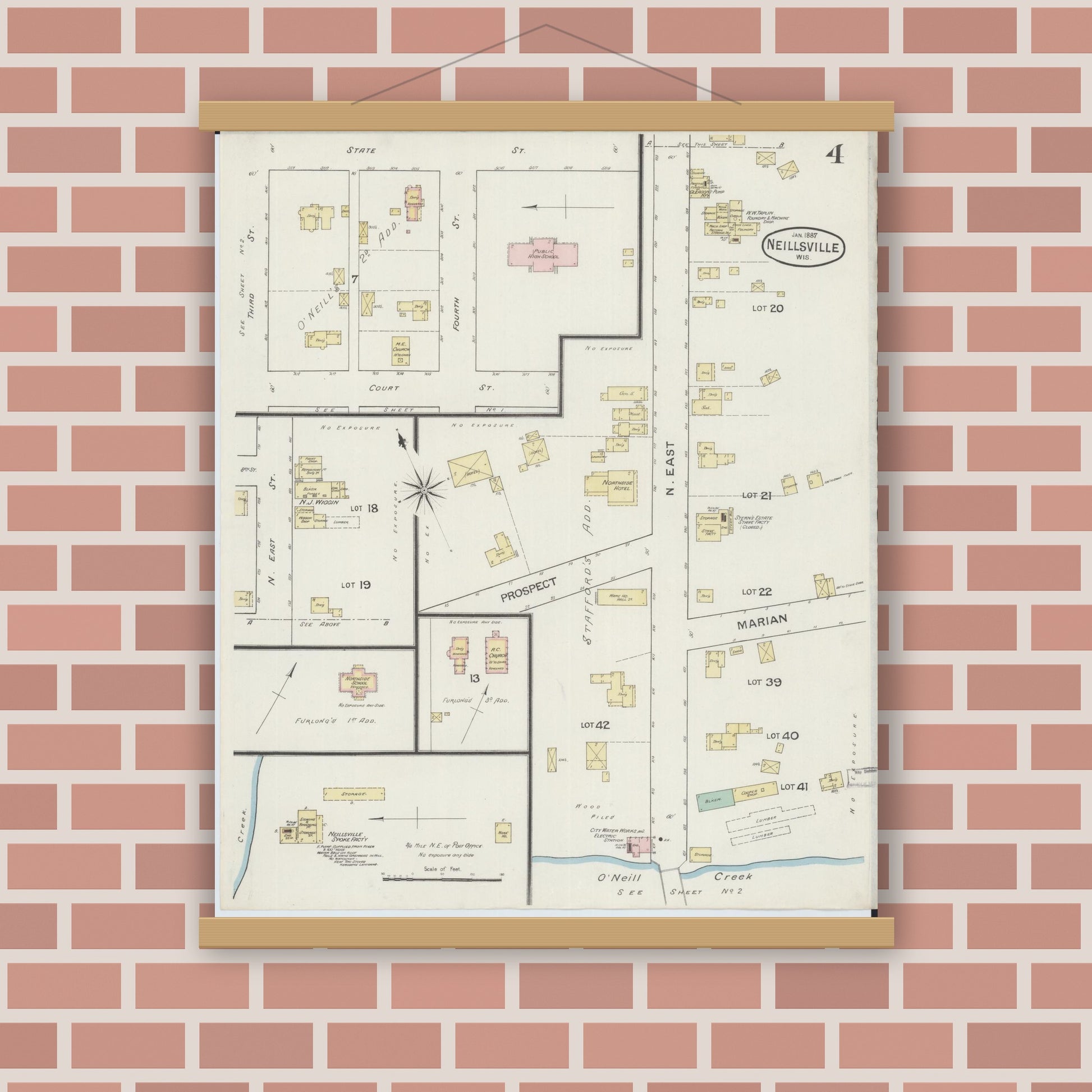 Old map wall art mockup — magnetic wood frame on brick wall — Sanborn Fire Insurance Map from Neillsville, Clark County, Wisconsin (1887), Sheet #0004