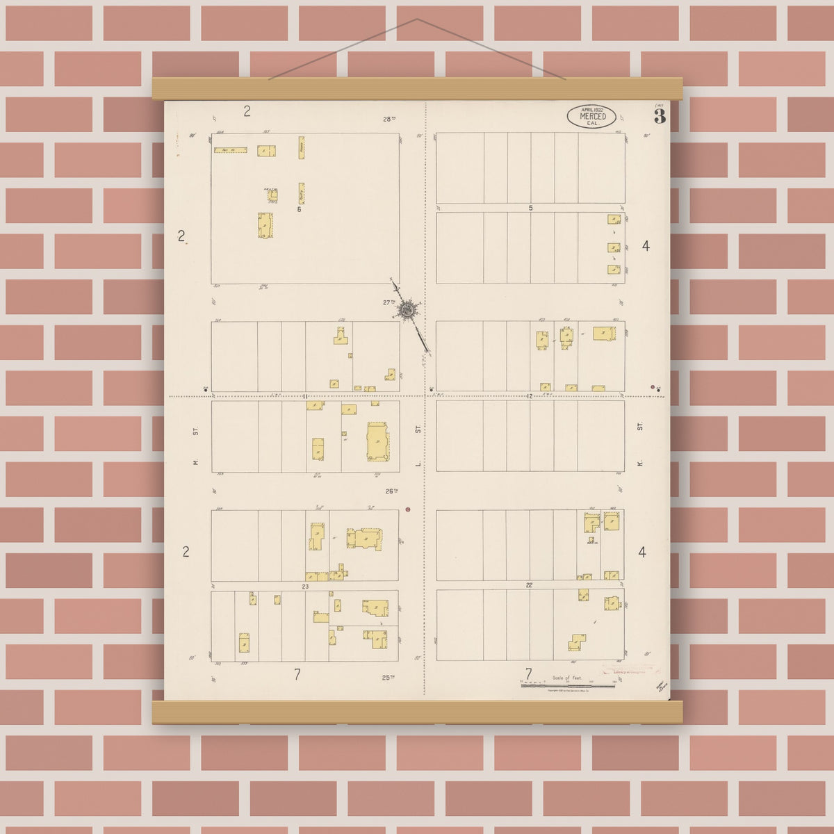 Old map wall art mockup — magnetic wood frame on brick wall — Sanborn Fire Insurance Map from Merced, Merced County, California (1922), Sheet #0003