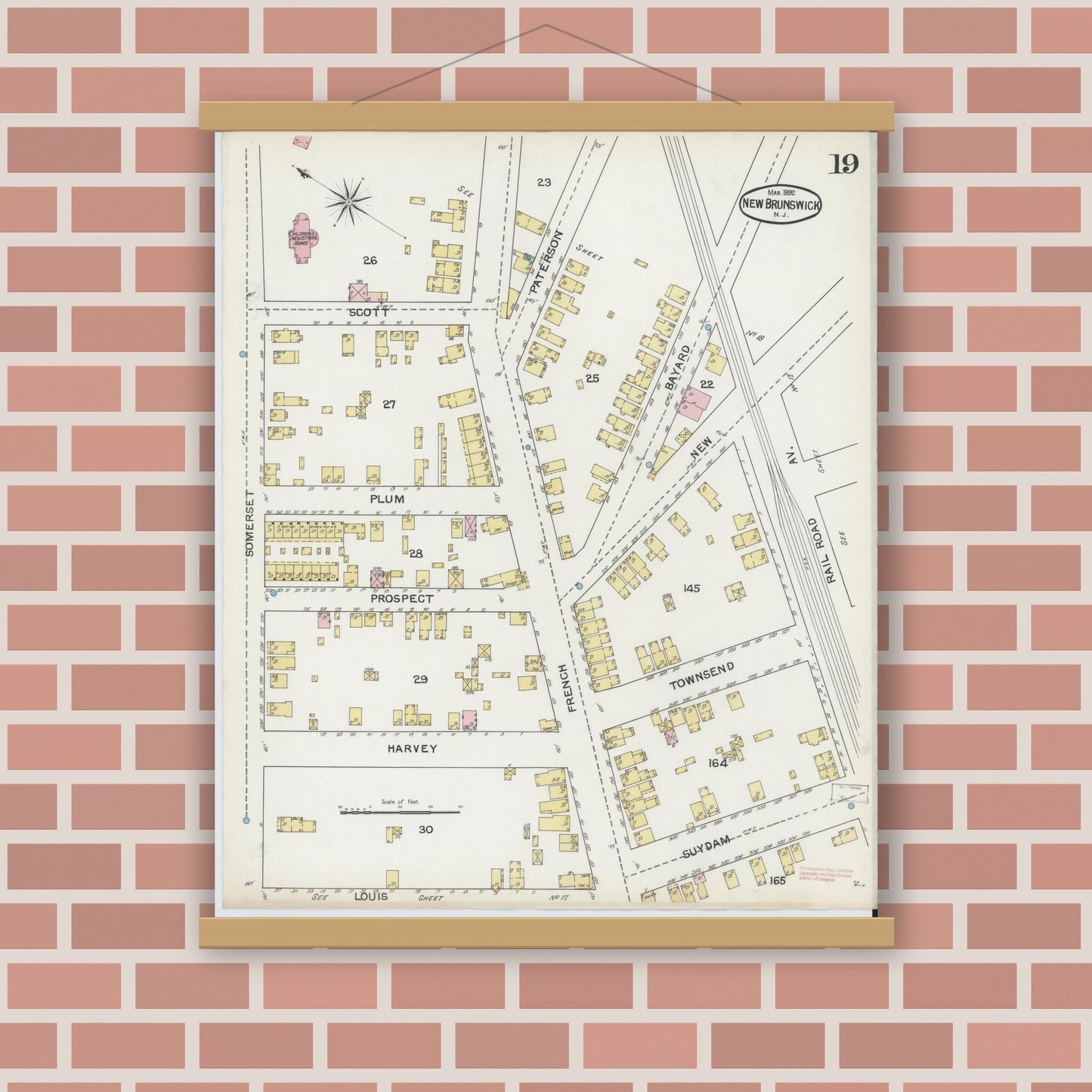 Old map wall art mockup — magnetic wood frame on brick wall — Sanborn Fire Insurance Map from New Brunswick, Middlesex County, New Jersey (1892), Sheet #0019